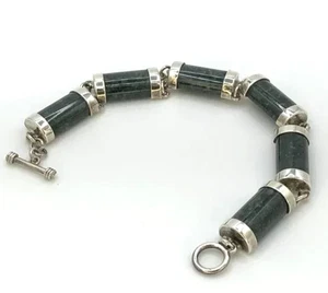 Brazalete vintage de plata de ley y piedra verde oscuro marcado 925 - Imagen 1 de 6