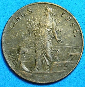 Italy 2 Centesimi Bronze Coin 1911, Free Shipping for Additional Purchases - Picture 1 of 2