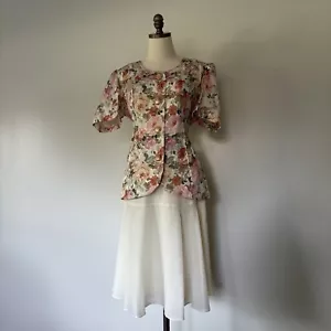 Vintage Leslie Fay Floral Skirt Suit Women 10 Cottagecore Secretary Tea Party - Picture 1 of 14