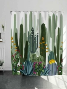 Cactus Print Shower Curtain With 12pcs Hook Cute Green Boho Hippie Minimalist - Picture 1 of 5