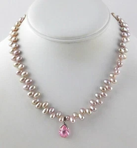 Mauve Pink Ringed Pearl and Faceted Crystal Pendant Necklace Silver Clasp 925 - Picture 1 of 11