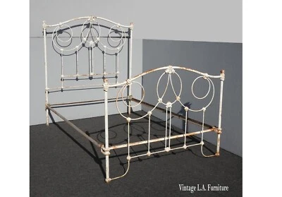Vintage French Country Rustic White Cast Iron Full Bed Frame Headboard w Rails - Image 1 of 4