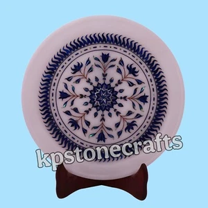 11” Decorative White Marble Plate – Handmade Inlay Art with Lapis Lazuli, Pearl - Picture 1 of 6