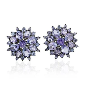 5.11ct Beautiful Tanzanite Flower Cluster Oxidized Stud Earrings 925 Silver - Picture 1 of 6