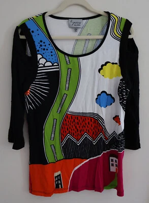 Lynn Ritchie Silver Art To Wear Woman Sz XL Blouse Cold Shoulder Map Scene - Image 1 of 4