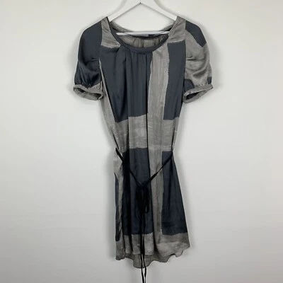 Zara Basic Womens Small Mini Shift Dress Belted Short Sleeves Geometric Gray - Image 1 of 3