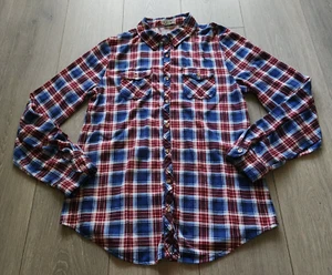 Passport Flannel Top Shirt Button Up Women's L Red Blue White Plaid Roll Tab Slv - Picture 1 of 14