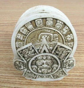 AZTEC MAYA ZODIAC CALANDAR CERAMIC BEVERAGE COASTERS QTY 5 WITH BASE VINTAGE - Picture 1 of 9