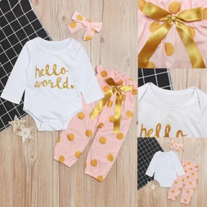 3PCS Infant Kids Baby Girl Romper Headband Pants Polka Dots Clothes Outfits Set - Picture 1 of 8