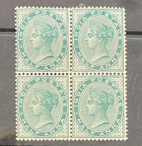 India QV 1882-87 SC 36 (SG 84), 1/2 anna blue-green block, MNH - Picture 1 of 2