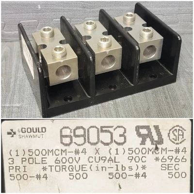 New Never Used Gould Shawmut 69053 500 MCM to #4 3 Phase Terminal Block 600V - Image 1 of 4