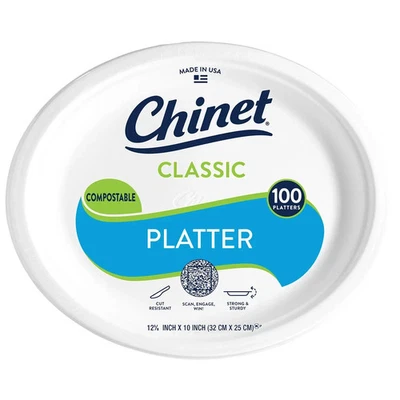 BRANDED Chinet Classic Platter Paper Plate, 12.63" x 10", 100 ct. Microwave Safe