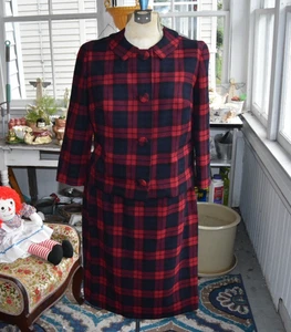 Vintage 1950s Pendleton Plaid Jacket Skirt Suit Red Black Virgin Wool Size Small - Picture 1 of 9