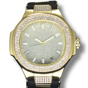 Men's 2 Row Analog Bezel Iced up 46mm CZ Gold Plated Rubber Strap Luxury Watch - Picture 1 of 7