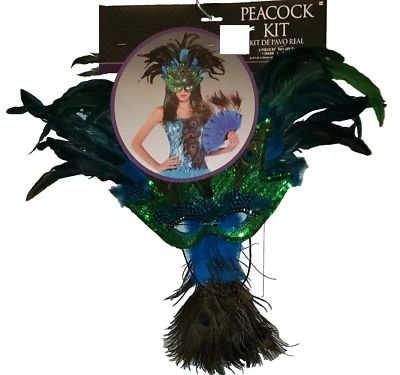MASCARADA PLUMAS DE PAVO REAL MÁSCARA Y ABANICO DE MANO KIT ACCESORIO DISFRAZ DE MARDI GRAS ~ NUEVO Foto 1 de 4