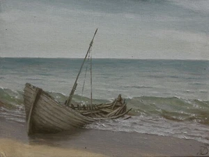 Abandoned Boat Seascape Beach Oil Painting Original Sailboat Sky Sea Ocean Art - Picture 1 of 7
