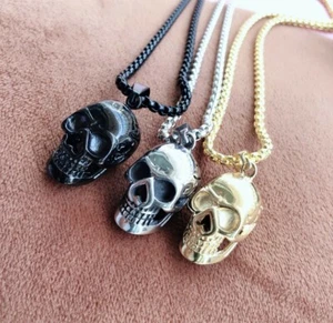 Men Silver Gothic Skull Necklace Stainless Steel Chain Pendant Retro Bikers Gift - Picture 1 of 6