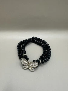 Rhinestone Butterfly Charm Black Glass Bead Stretch Bracelet Double - Picture 1 of 3