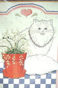 11x14 COUNTED CROSS STITCH KIT White Cat & Potted Fern by BANAR DESIGNS - Sealed - Picture 1 of 4