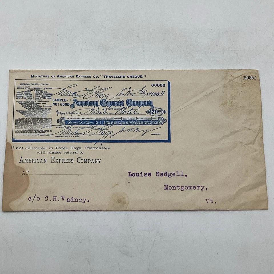 US 1903 American Express Company $20 Travelers Cheque Montgomery Vermont 2085. - Image 1 of 4