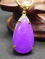 Genuine Purple Lavender Jade Teardrop Drop Cubic Zirconia 18KGP Pendant Necklace