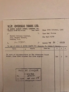FRANK ZAPPA Mothers of Invention Hotel recibo Londres 1968 - Imagen 1 de 1
