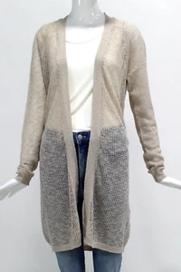 IN CASHMERE L Cardigan Open Knit Perforated Mesh Linen Beige Lightweight Duster - Picture 1 of 5
