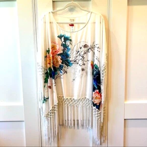 CHICO'S Gilded Beauty Poncho White Beaded floral Fringe O/S - Picture 1 of 6