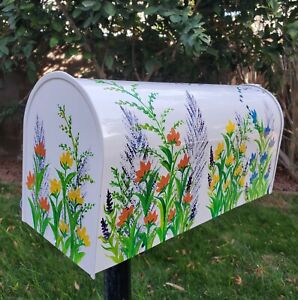 CUSTOM HAND PAINTED WHITE LARGE SIZE POST MOUNTED METAL MAILBOX WILD FLOWER 