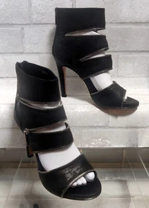 Latitude Femme VINTAGE Black Leather Peep Toe Zipper Heel Booties 39.5 ITALY 😍 - Picture 1 of 16