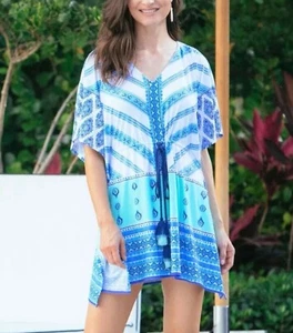 Cabana Life Batik Tassel Tie Swim Cover Up Small Blue White Mixed Print - Picture 1 of 8