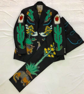 Men 2Pc Designer Bear and Floral Embroidered cowboy Western cocktail prom outfit - Picture 1 of 7