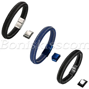 Men's Rock Braided Leather Stainless Steel Magnet Clasp Bracelet Rope Wristband - Picture 1 of 19