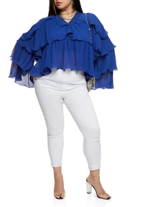Women Plus Size Blue Plisse Ruffled Tiered Bell Sleeves Blouse. Size 3XL. - Picture 1 of 2
