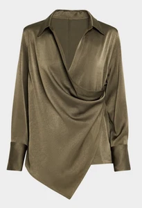 Helmut Lang Fluid-Satin Relaxed Wrap Shirt - Size M - OLIVE - NWOT - Picture 1 of 10