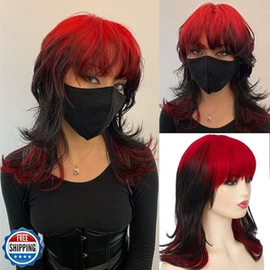 Baruisi Schwarz Rot Perücken für Frauen Schulterlang Lagenlook Shaggy Perücke mit Pony - Bild 1 von 5