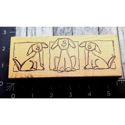 Sello de goma magenta con borde de perro trío cachorros madera #D15 Foto 1 de 4