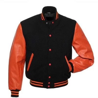 Black Wool Varsity Jacket Orange Leather Sleeves – Classic Letterman Style - Image 1 of 4