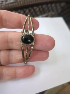 Vintage Sterling Silver 925 Black Onyx Bangle Bracelet Fits Up To 8" - Image 1 of 4