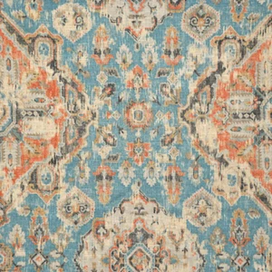Tela para cortinas de tapicería étnica Ikat de lino viscosa azul verdoso naranja topo crema - Imagen 1 de 1