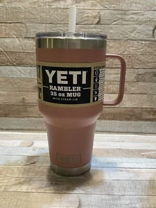 NEW YETI RAMBLER 35oz Travel Mug Sandstone Pink w/ Clear Straw Mauve Cup Large - Picture 1 of 8