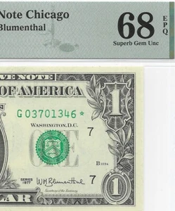 1977 $1 CHICAGO * STAR * ⭐️ FRN. PMG Superb GEM Uncirculated 68 EPQ Banknote. - Picture 1 of 3