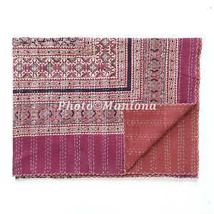 Indian Handmade Maroon Ajrakh Block Print Kantha Quilt Queen Cotton Bedspread