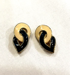VTG Joseph Mazer Jomaz Earrings Dark Navy Cream Enamel Gold Tone Clip On Rare - Picture 1 of 6