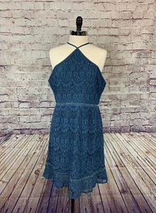 Chelsea 28 Dress Womens XL Blue Halter Lace Velvet Trim Sleeveless Lined Summer - Picture 1 of 12