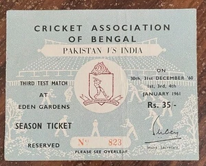 BOLETO DE CRICKET EDEN GARDENS DICIEMBRE 1960 - ENERO 1961 - Imagen 1 de 2