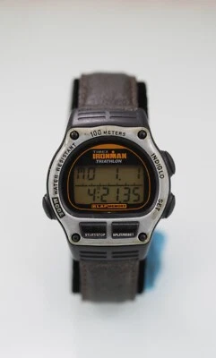 Timex Uhr Herren Grau Kunststoff Schwarz 100m Braunes Leder Datum Alarm Licht - Bild 1 von 4