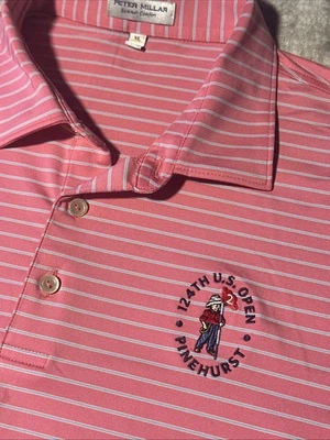 Camisa de Golf Peter Millar Polo Pinehurst EE. UU. Logo Abierto XL Azul Poliéster a Rayas Foto 1 de 4