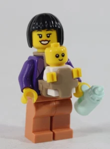 LEGO® City Minifigure Mom Baby Big Smile Short Black Hair Milk Bottle Carrier .. - Picture 1 of 8