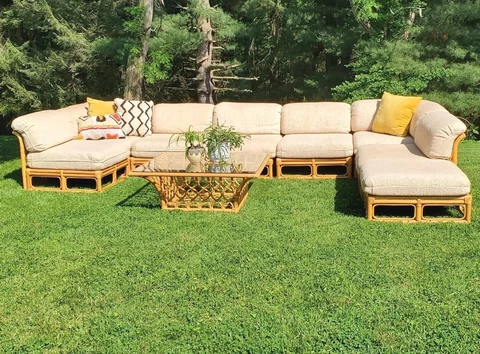 Huge 9pc MCM Vintage Rattan Bamboo Modular Sofa Chairs Table Set. I will ship Cover